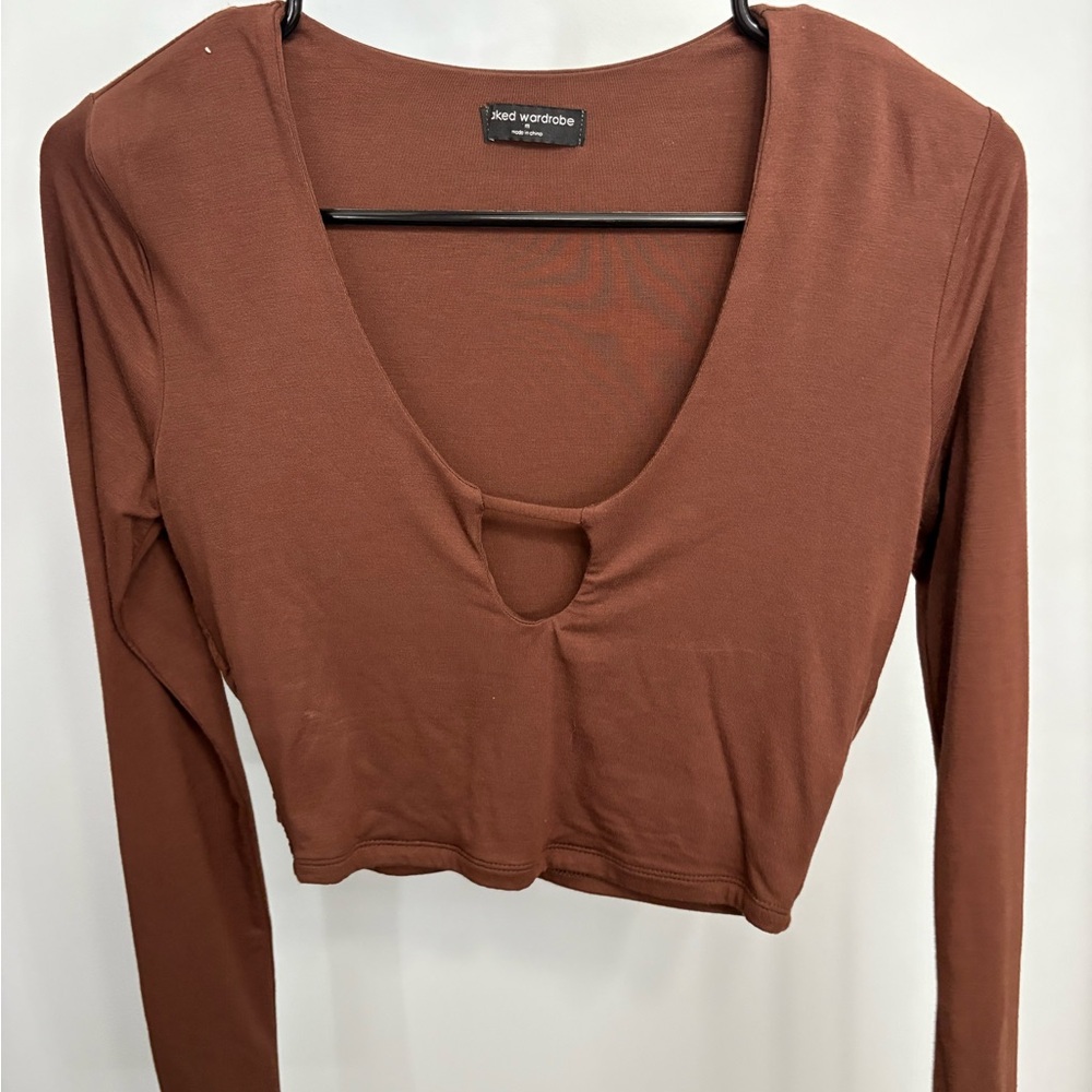 Naked Wardrobe Deep Scoop Neck Brown Blouse